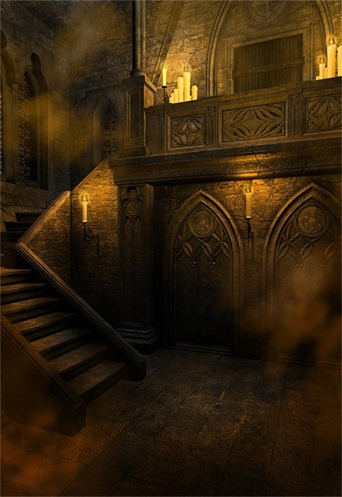 AOFOTO 6x8ft Gloomy Gothic Medieval Vintage Room Backdrop Scary Halloween Night Photography Background Vampire Ghost Party Decorations Haunted House Interior Stone Wall Stairway Photo Studio Props - Image 1